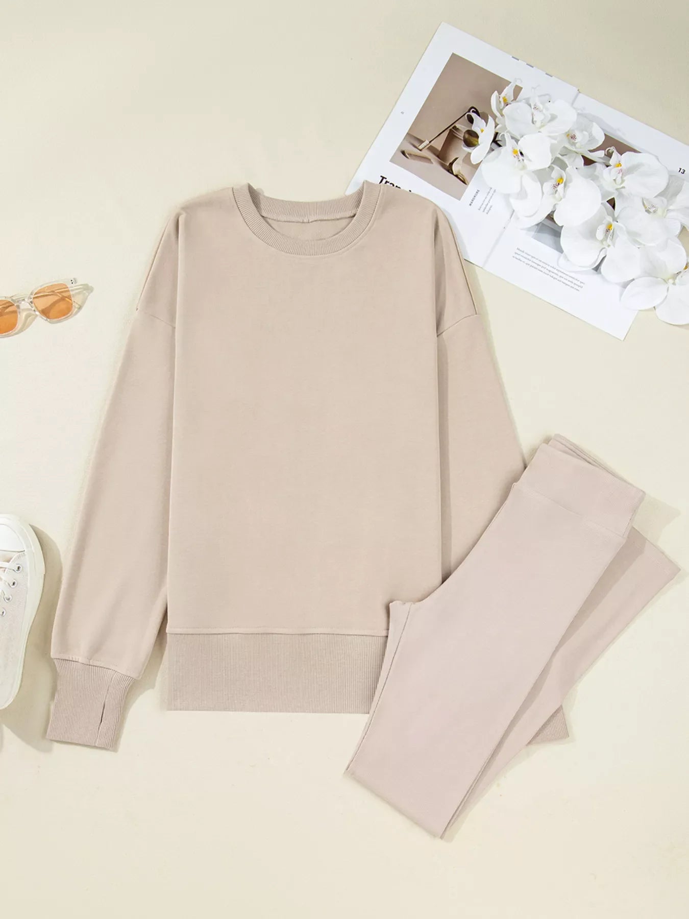 Oversized Slit Sweatshirt and Ribbed Leggings 2pcs Set