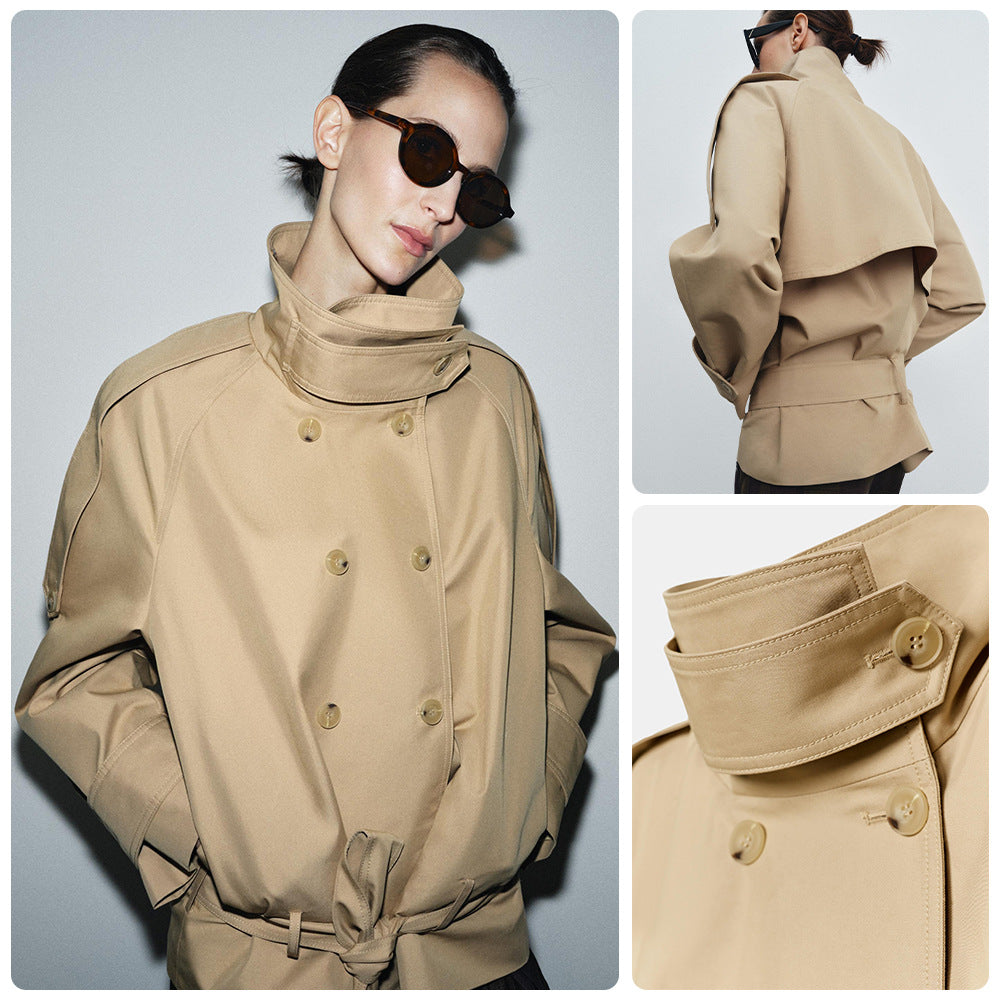 Double-breasted Belted Short Trench Coat With A Stand-up Collar