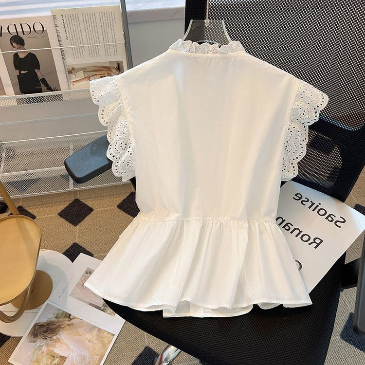 Off-Shoulder Niche Defined-Waist Elegant Lace Top Short Blouse