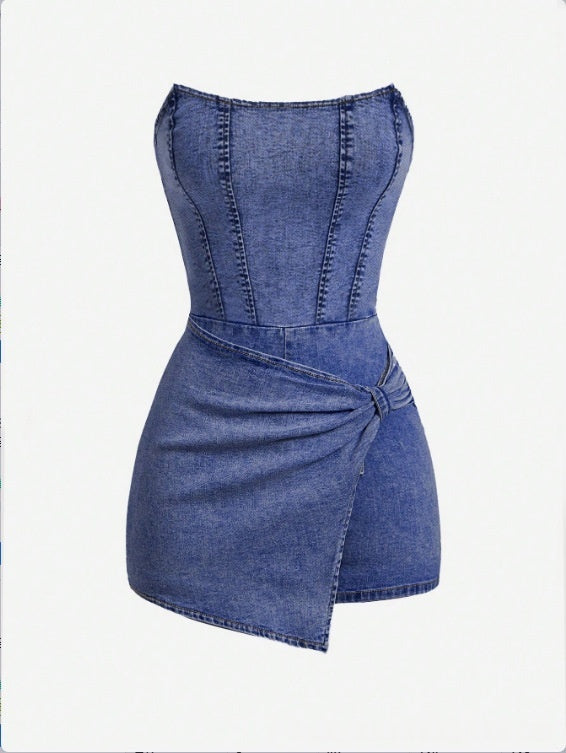 European And American-style Spicy Girl Tube-top Denim Jumpsuit Skirt
