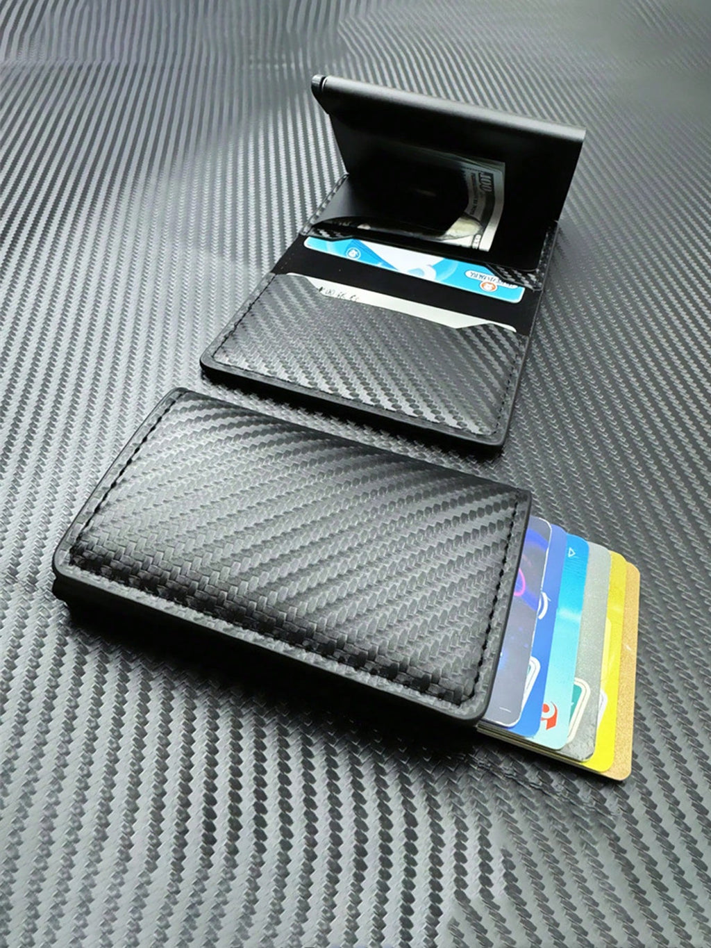 1Pc Fashion Men'S Wallet, Carbon Fiber RFID Blocking Aluminum Automatic Pop-Up Card Case, Anti-Theft Card Holder with Magnetic Shielding Large Capacity Multi-Card Slots,Business Casual Style,Birthday Gift,Graduation Gift,Father'S Day Gift