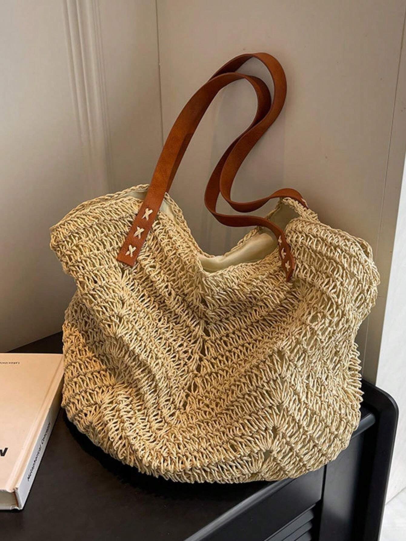 Lightweight, Casual Large Capacity, Portable Minimalist Straw Bag Double Handle Vacation Medium for Teen Girls Women College Students Perfect for College School,Outdoors, Travel, Outings,Holiday