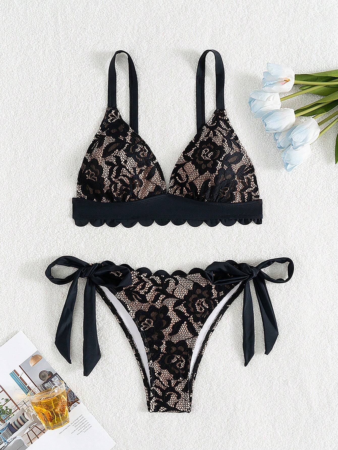 Swim Vcay 2Pcs Women Beach Outfits - Lace Shell Trim Spaghetti Strap Tie-Up Bikini Set for Summer Beach Vacation