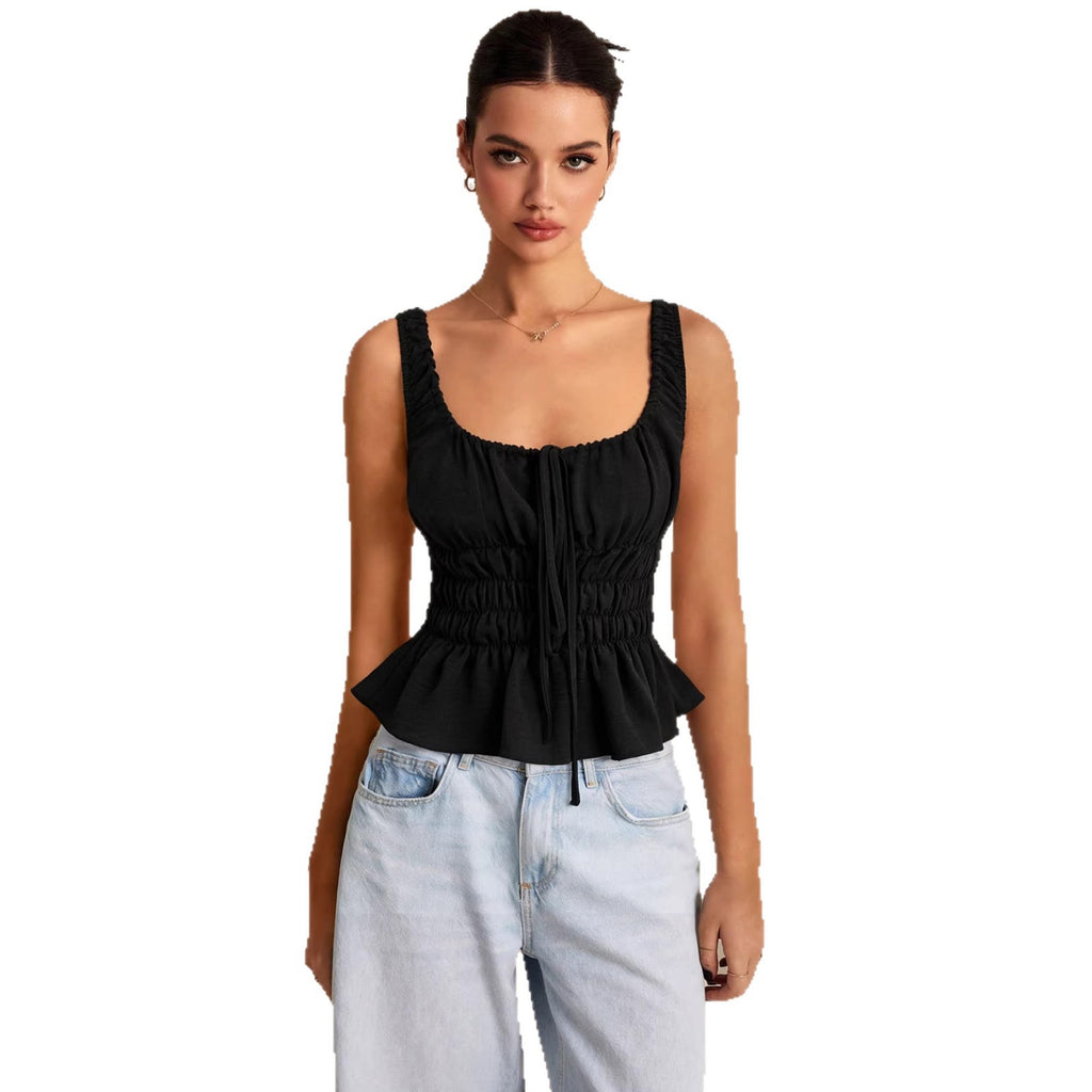 Square-neck Drawstring Pleated Camisole For Women Waist-cinching And Slimming