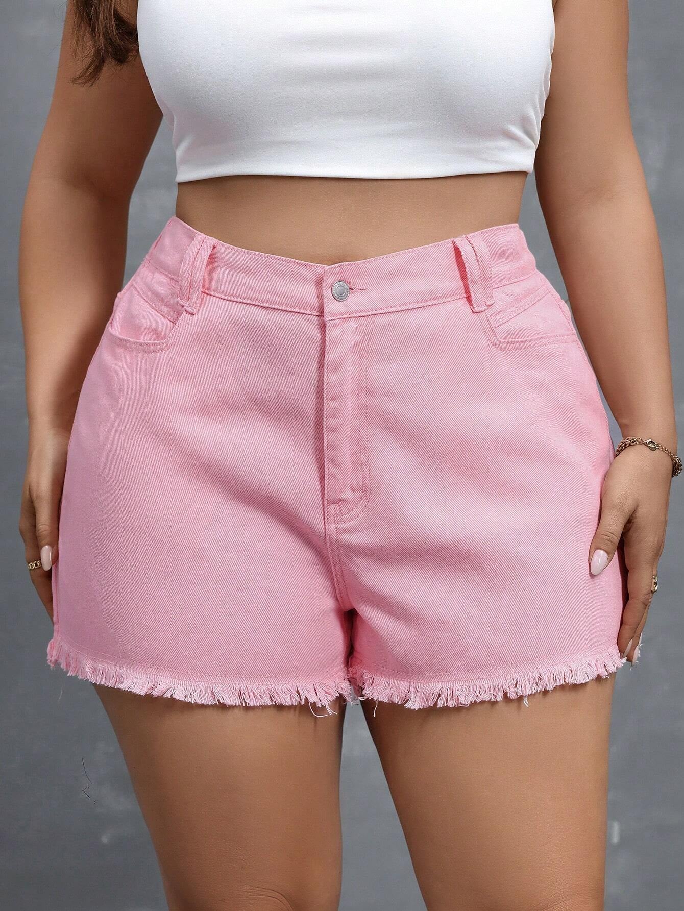 SHEIN Essnce plus Size Women'S Frayed Hem Casual Denim Shorts with Pockets