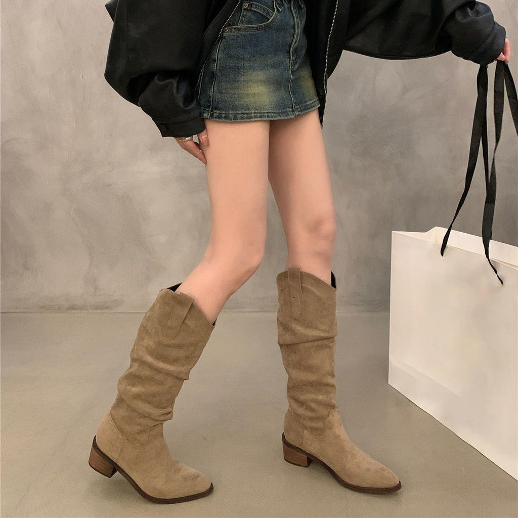 Retro-style Pointed-toe Womens Shoes Chunky-heeled High Niche Minimalist Versatile Boots