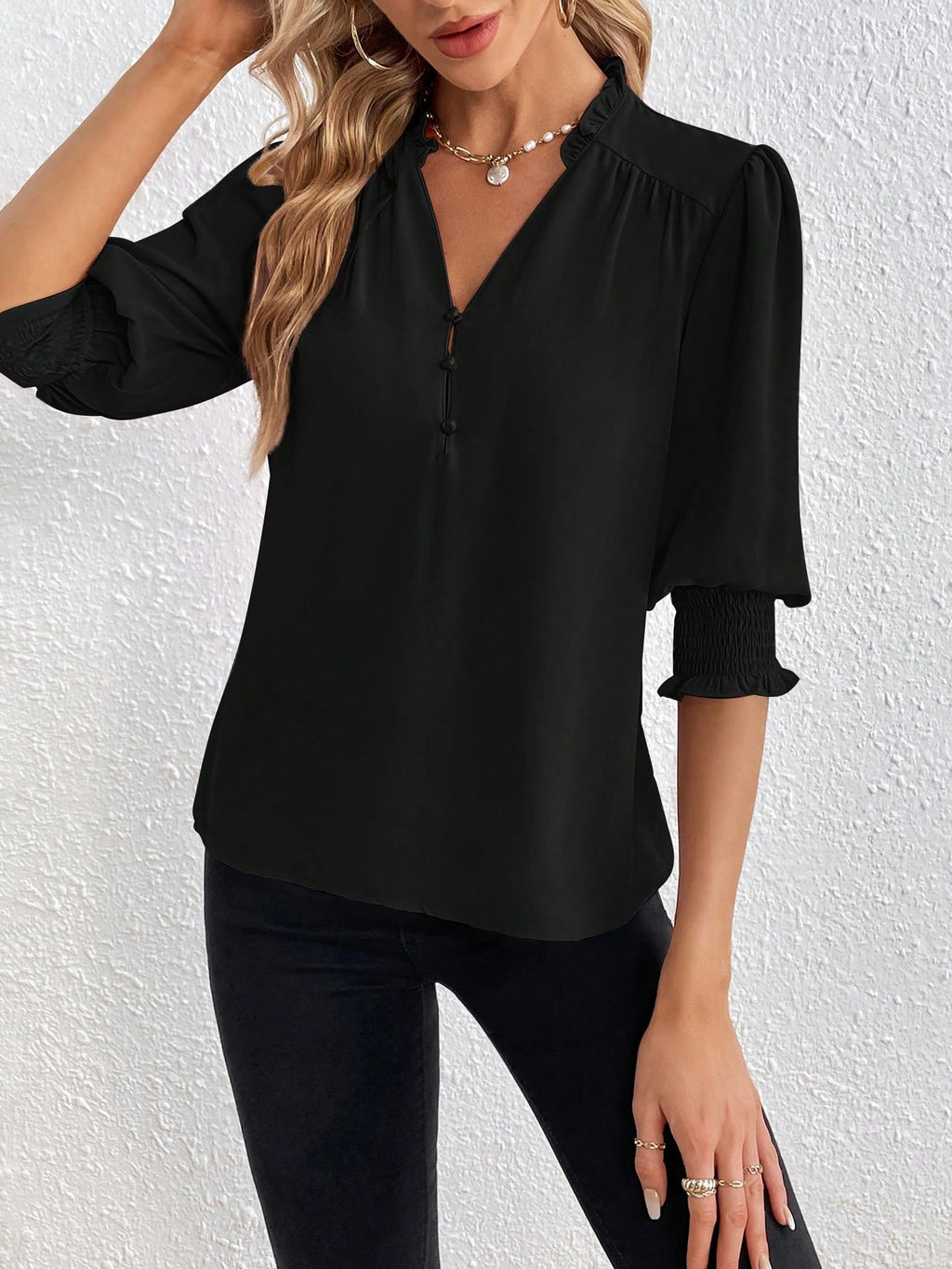 Privé Frill Trim Lantern Sleeve Blouse