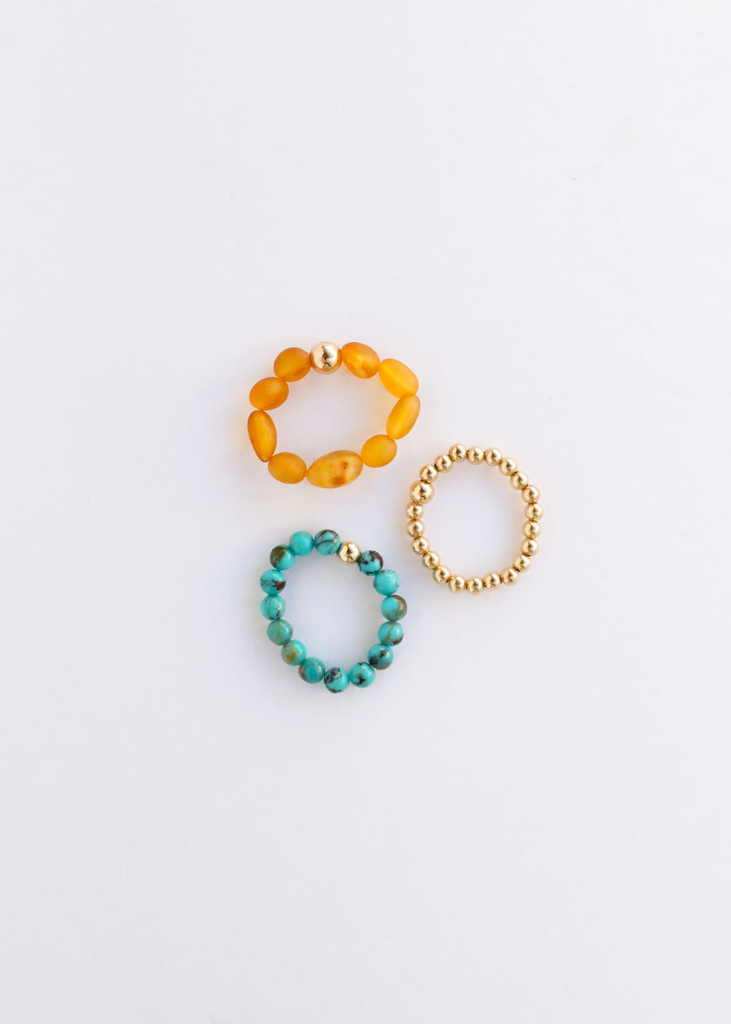 Natural Turquoise + 14k Gold Filled + Honey Amber || Ring Set Trio ||